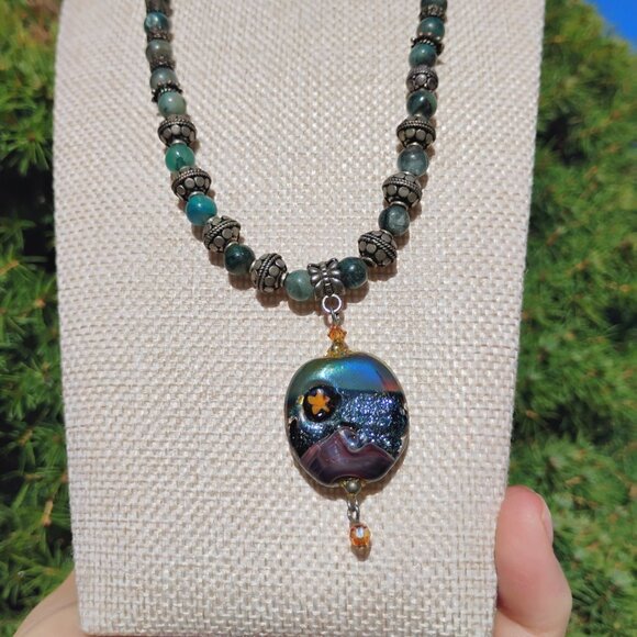 OOAK Dichroic Glass Pendant on Chain w/Sterling Silver Jade & Gemstone Beads 18" - Picture 2 of 7